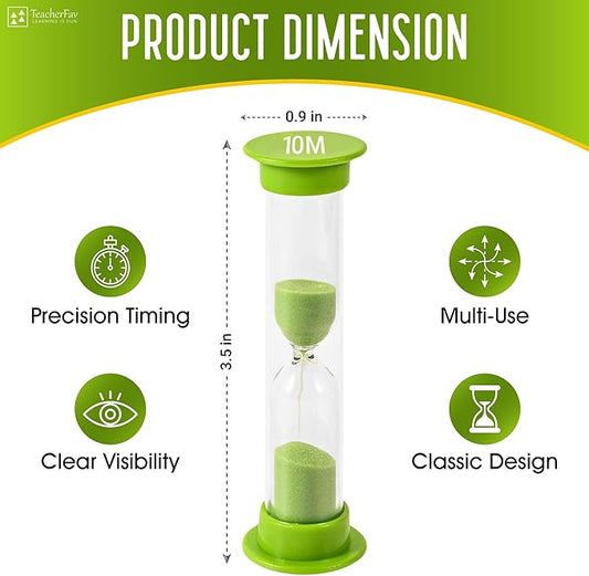 Sand Timer for Kids - 10 Minute Set of 4 Hour Glass - Green Color- Acrylic Covered for Classroom, Home & Kids Room