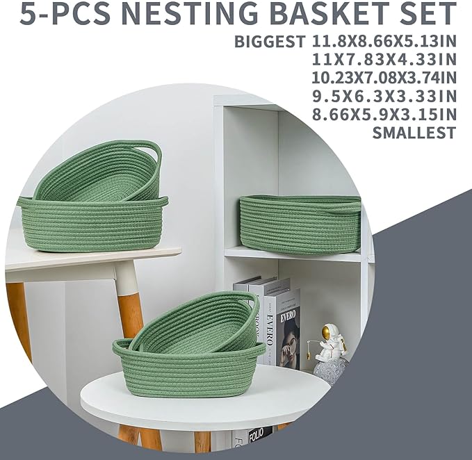 CubesLand Small Cotton Rope Storage Basket Set 5, Shelves Baskets for Organizing with Handle, Decorative Closet Storage Bins for Countertop Toilet Paper Basket for Toilet Tank Top,Green Basket