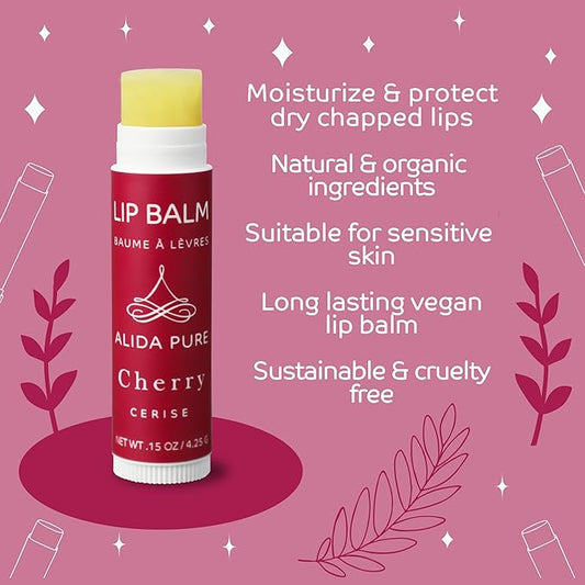 Cherry Lip Balm Collection, Vegan Set, Beeswax Free, with Organic Jojoba and Avocado Oil, Vitamin E, Natural Moisturizer for Dry, Chapped Lips, 3 Tube Set
