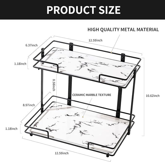 2 Tier Bathroom Cabinet Countertop Organizer Perfume Lipstick Makeup Organizer Cosmetics Storage Display Rack Vanity Tray Metal Dresser Storage Shelf White Marble Ceramic Tray Black