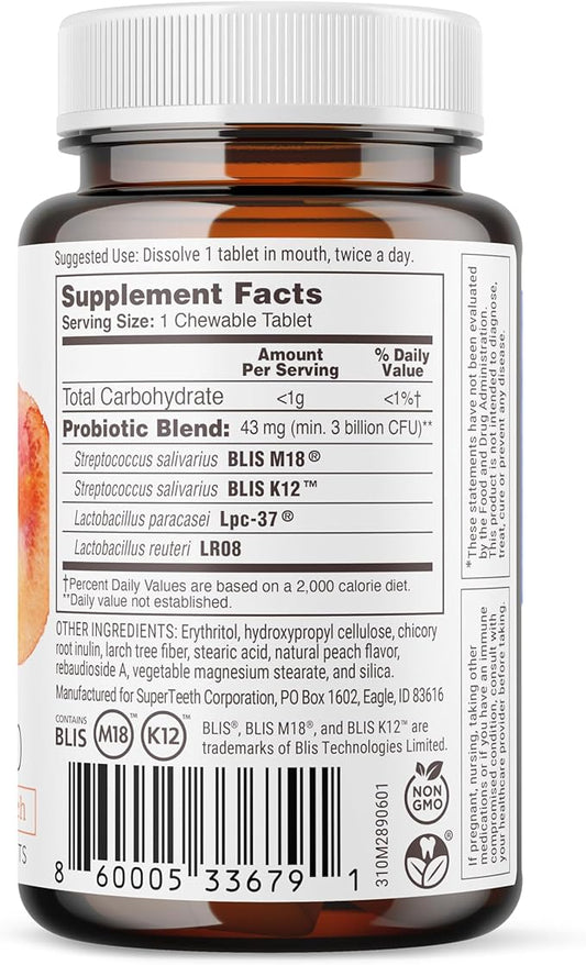 Super Teeth ENT Probiotic | BLIS K12 & M18 Probiotics | for Oral Microbiome Health & Sinus, Throat & Immune Support | 60 Natural Peach Flavored Chewable Tablets | Dental Probiotic