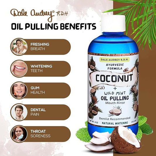 Dale Audrey Coconut Pulling Oil for Teeth and Gums with Stainless Steel Tongue Scraper | CocoMint Oil Pulling Mouthwash, Ayurvedic Alcohol-Free Teeth Whitening Mouthwash for Gums & Bad Breath- 8 FL Oz