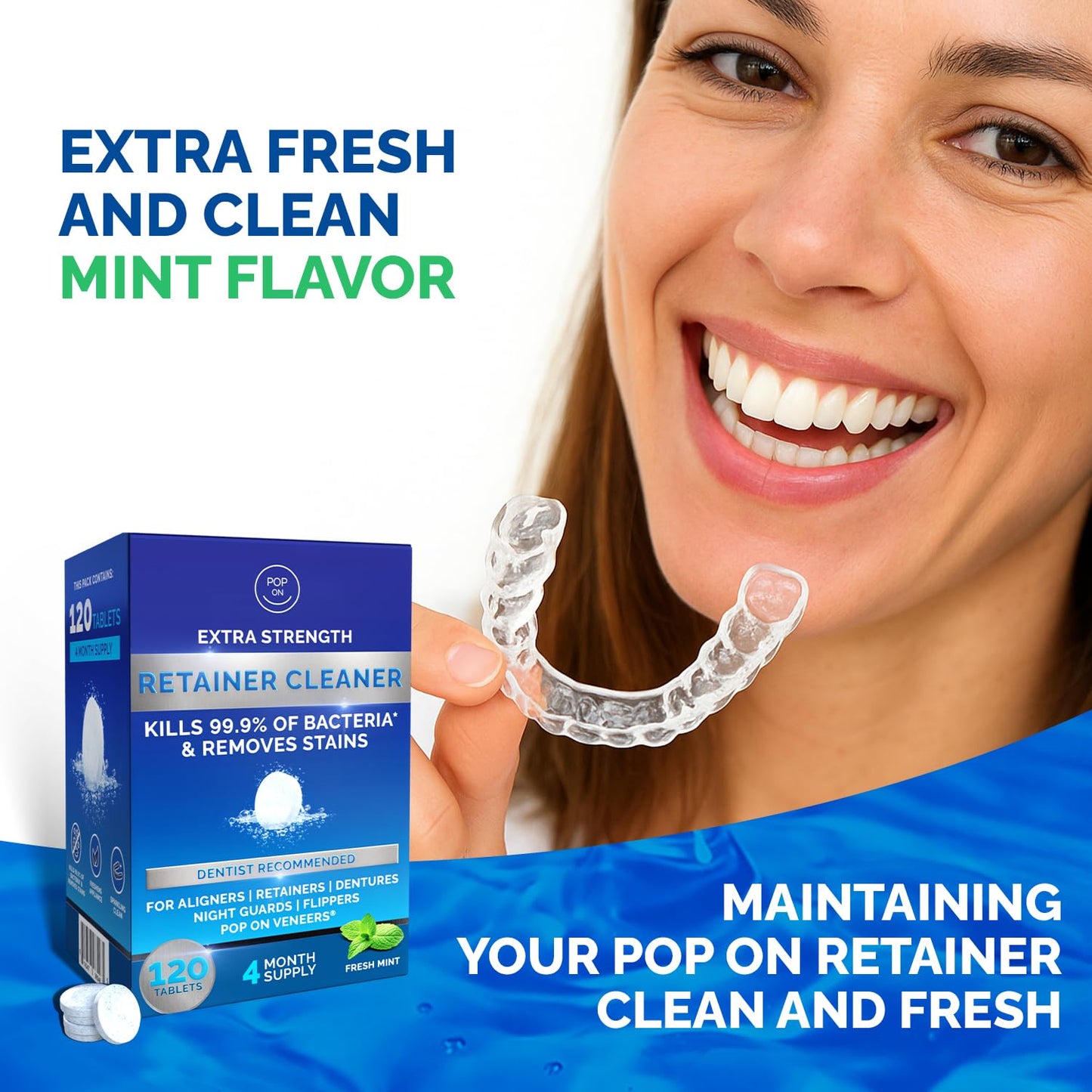Retainer Cleaner Tablets for Invisalign Approved for Ultrasonic Cleaners -120 Denture Cleaning Tablets for Aligners, Night Guard, Mouth Guard - Denture Cleaner Tablets 4-Month Supply