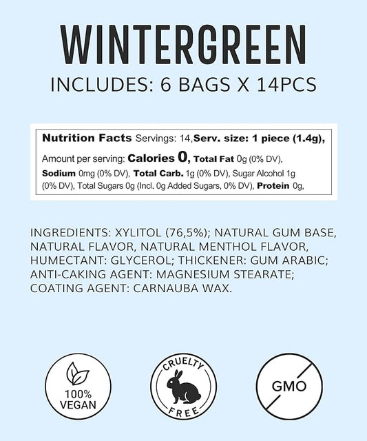 Sugar Free Natural Chewing Gum (84 Pcs) - Xylitol Gum with Stevia - Aspartame Free - All Natural Gum - Vegan, Gluten Free Keto - Wintergreen