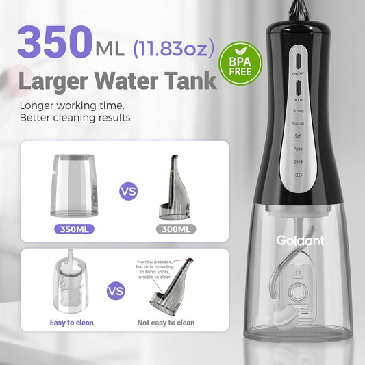 350ML Water Dental Flosser Teeth Pick with Travel Bag, 5 Modes Portable Cordless Oral Irrigator Cleaner, Electric Rechargeable IPX7 Waterproof for Home Travel Teeth Cleaning flossing(Black)
