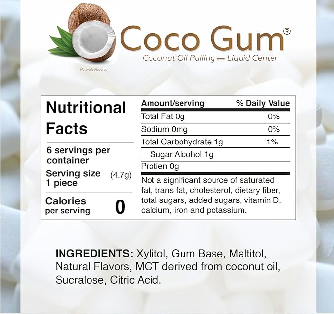 CocoGum – Coconut Oil Pulling Chewing Gum with MCT Oil Liquid Center – Naturally Whitens, Freshens Breath & Protects Teeth – 2 Pack (12 Pieces)