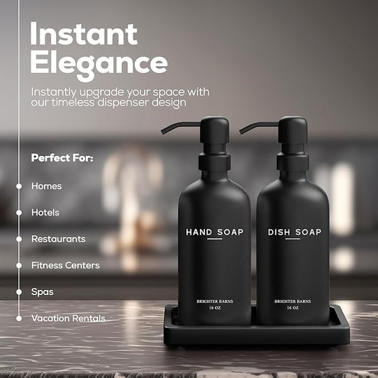 Black Glass Hand and Dish Soap Dispenser Set by Brighter Barns - Kitchen Soap Dispenser Set with Tray for Home, Airbnb, Vacation Rental, Gift - Minimalist Home Decor, Modern Kitchen Decor (Black)