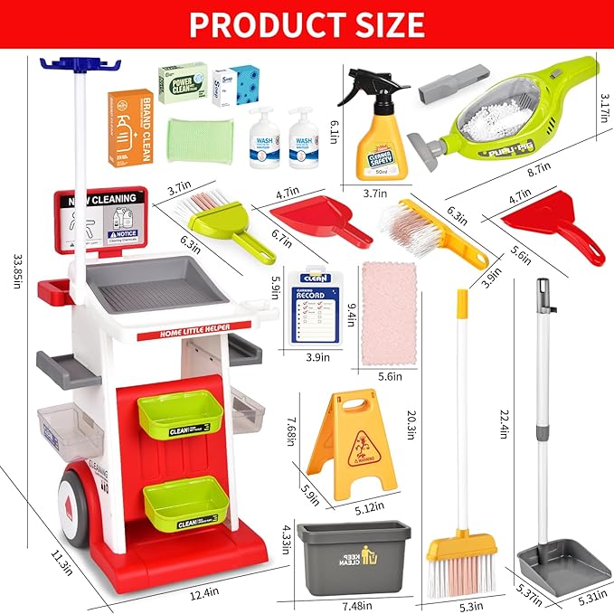 Kids Cleaning Toy Set, Toddler Cleaning Set, Pretend Play Cleaning Toys with Handheld Vacuum That Really Works,Cleaning Supplies,Cleaning Cart for Kids Toddler Christmas Birthday Gift(Red)