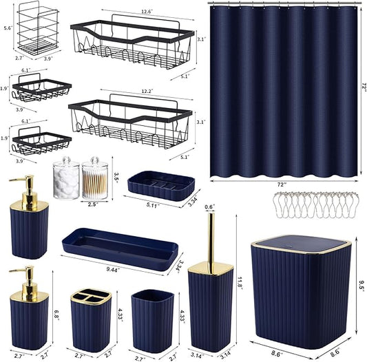 28PC Bathroom Set - Gorgeous Blue Bathroom Set, Bathroom Accessory Set, Blue Shower Curtain Set with 5PC Shower Shelves