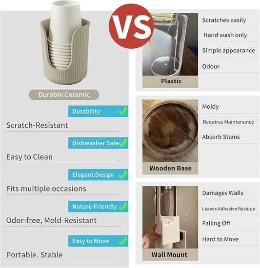 Ceramic Bathroom Cup Dispenser with Stylish Vertical Stripes - Disposable Mouthwash Cup Holder Holds 3-4oz Paper Cups for Rinsing Cups on Bathroom Vanity Countertops (Matte Beige)