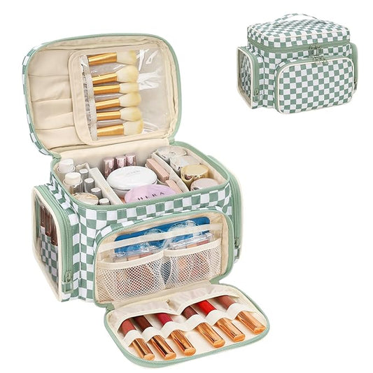 Large Checkered Makeup Bag, Portable Travel Makeup Bag Organizer for Women Girls with Makeup Brush Compartment & Two Side Pockets, Cosmetic Travel Bag Vertical Storage Toiletry Bag- Green1