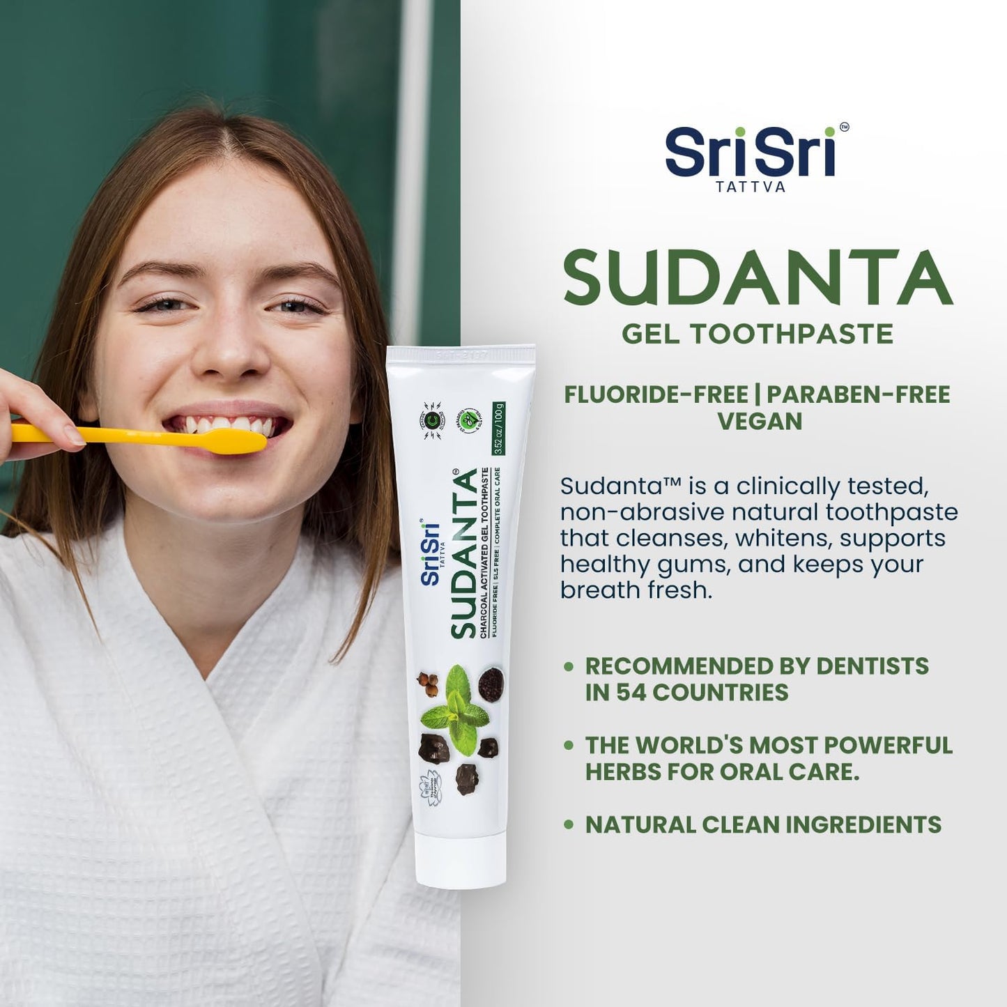Sri Sri Tattva Sudanta Charcoal Toothpaste Gel – SLS, Fluoride Free Herbal Toothpaste with Neem & Ayurvedic Herbs – Natural Teeth Whitening, Fresh Breath, Oral & Gum Health – 100g Tube (Pack of 1)