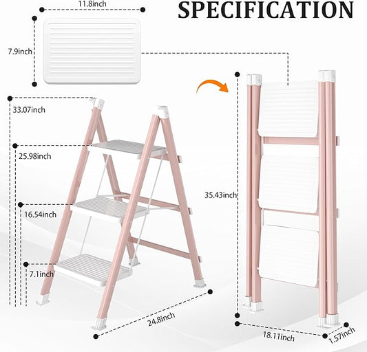 3 Step Ladder, Folding Step Stool with Anti-Slip Wide Pedal, Anti-Slip Feet, Sturdiest Steel Construction, Steel Ladder for Home and Office, Pink White