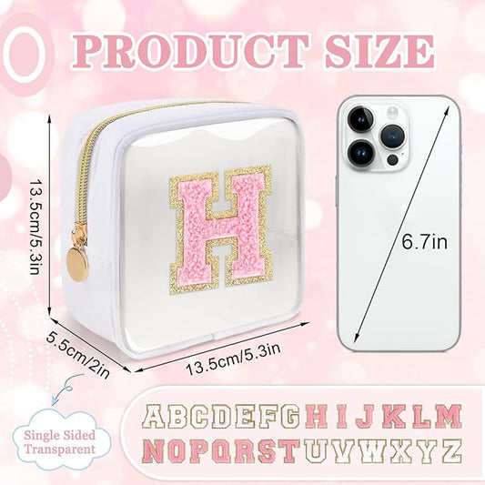 Mini Clear Personalized Initial Makeup Bag,Nylon Preppy A-Z Chenille Letter Patch Zipper Cosmetic Bag, Small Cute Beach Pouch Travel Purse Sanitary Napkin Storage Bag for Women Girls(White-Pink H)