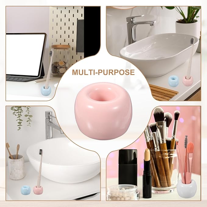 uxcell 2 Pcs Mini Ceramics Toothbrush Holder Stands, Sleek Mini Countertop Toothbrush Round Shape Ceramic Holder Stand for Bathroom Vanity Countertops, Pink