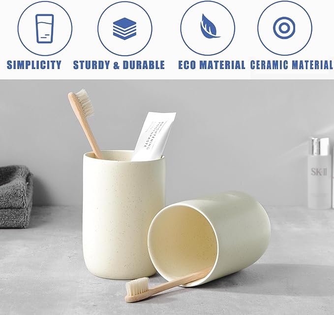 Toothbrush Holder for Bathrooms - 1 Cup Ceramic Toothbrush Toothpaste Holder, Beige Bathroom Tumbler Cup Reusable Toothbrush Mouthwash Cup, Bathroom Counter Organizer
