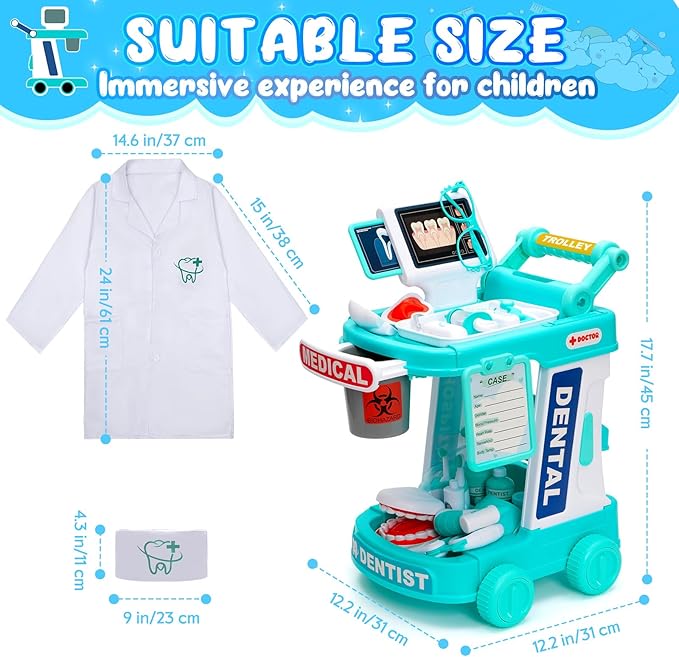 Dentist Play Set Toy for Kids, Pretend Play Medical Toy Dentist Cart, Dental Toy with Fake Teeth, Doctor Toy for Toddlers 3-5, Christmas Birthday Costume Role Play Dress Up Gift Ideas for Boys Girls