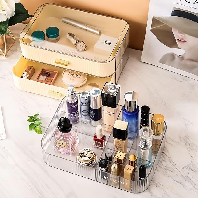 2 Pack Stackable Makeup Organizer with Drawers, Bathroom Storage for Eyeshadow Palettes, Cosmetics, and Beauty Supplies. Ideal for Vanity Counter, Cabinet, Entryway Table, Desk