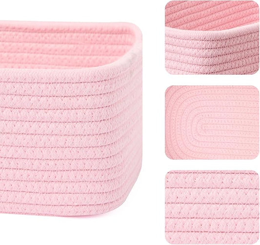 Small Storage Baskets for Organizing | Closet Organizer Bins | Shelf Toy Basket | Woven Rope Baskets | Cube Decorative Box | Shallow Basket | 11.5x7.5x4.7” | 3 Packs Light Pink
