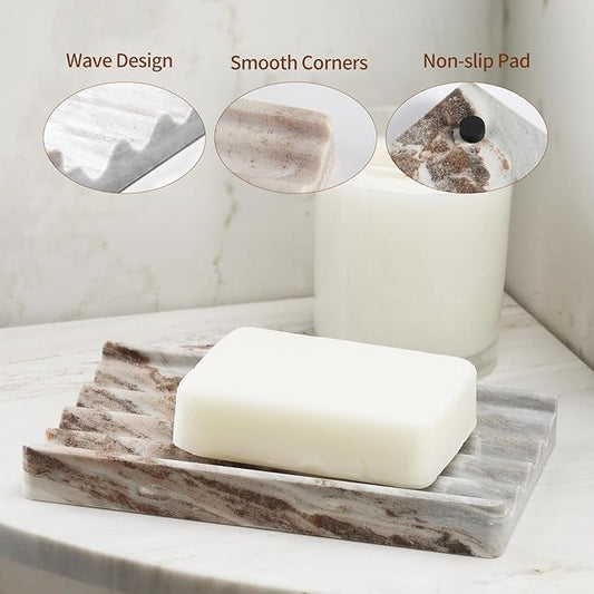 Soap Holder, Marble Soap Dish for Shower, Bar Soaps Holder with Water Ripple Design, Easy Cleaning Soaps Saver for Kitchen Sink,Bathroom, Executive Indian Natural Stone Soap Tray