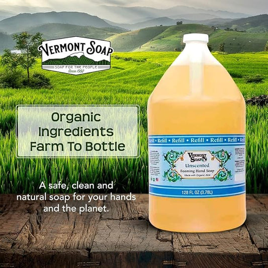 VERMONT SOAP Organics Foaming Hand Soap, Liquid Soap with Pre-diluted Formula - Ready to Use Simply Unscented Hand Soap With Convenient and Economical Gallon Refill Size