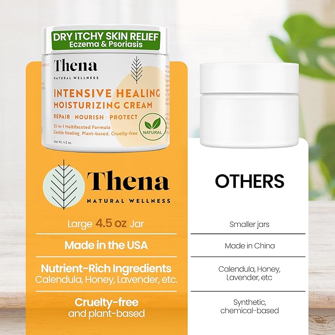 Thena Healing Cream Intensive Moisturizing Dry Irritated Itchy Skin Relief - Hydrates Soothes Nourishes Hands Body Scalp, Natural Moisturizer for Eczema Psoriasis Dermatitis, Adults & Kids