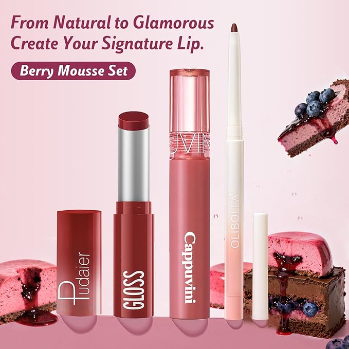 KIMUSE 3PCS Lip Combo Set - Matte Lip Liner Pencil + Hydrating Tinted Lip Balm + Juicy Lip Gloss Tint, Non-Sticky, Long-Lasting, High Pigment Lip Makeup Kit (Berry Mousse Set)