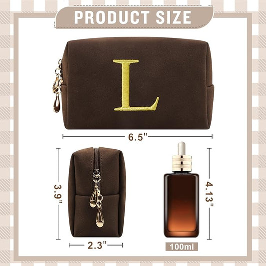Personalized Initial Makeup Bag,Preppy Suede Cosmetic Bag for Teen Girls,Small Monogram Travel Toiletry Bag With Gold Embroidered Letter,Trendy Stuff Custom Christmas Gift for Women(Coffee-L)