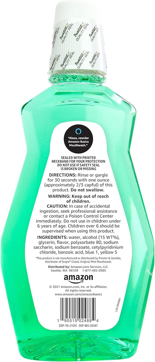 Amazon Basics Fresh Breath Mouthwash, Mint, 33.8 Fl Oz (Pack of 4), (Previously Solimo)