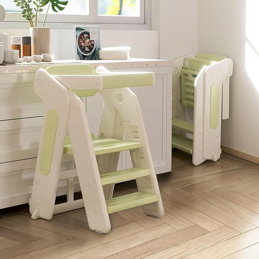 Toddler Tower Kitchen Stool Helper,Foldable/Adjustable Height Kids StandingTower Stool W/CPC Certification,for Kitchen Counter Bathroom Sink Cooking Child Ladder for Toddlers W/Safty Rail(Brown White)