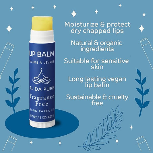 Fragrance Free Lip Balm, Vegan Set, Unscented, No Flavor, Beeswax Free, Organic Jojoba and, Avocado Oil, Vitamin E, Natural Moisturizer for Dry, Chapped, or Cracked Lips, 5 Tube Set