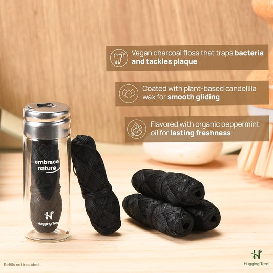 Charcoal Dental Floss with Refillable Glass Dispenser | PFAS Free Dental Floss | Mint (33 Yards)