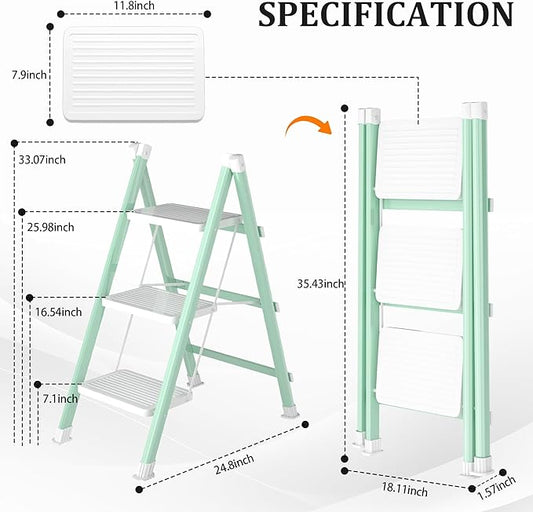 3 Step Ladder, Folding Step Stool with Anti-Slip Wide Pedal, Anti-Slip Feet, Sturdiest Steel Construction, Steel Ladder for Home and Office, Green White
