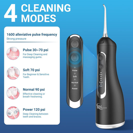 Cordless Water Dental Flosser Oral irrigator,JNGOODS 300ml Rechargeable Water flosser for Teeth IPX7 Waterproof 4 Modes Portable Oral Irrigator with 4 Jet Tips, Travel Home use