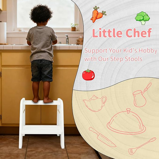 WOOD CITY Toddler Step Stool, Wooden 2 Step Stools for Bathroom Sink Potty Training Kitchen Dual Height Stool Helper for Kids Bonus Non-Slip Pads and Handles for Safety (White)