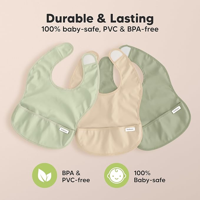 3-Pack Waterproof Baby Bibs for Eating - Lightweight Toddler Feeding Bibs with Large Food Catcher, Mess Proof, Food-Grade Baby Eating Essentials, Easy to Put On & Clean (Jade)