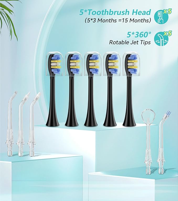 Professional Water Flosser & Electric Toothbrush Combo, 600ML Home Use Oral Irrigator for 10 Adjustable Water Pressure, 2 Cleaning Modes, 1+1 Brushing & Flossing for Complete Oral Care (Black)