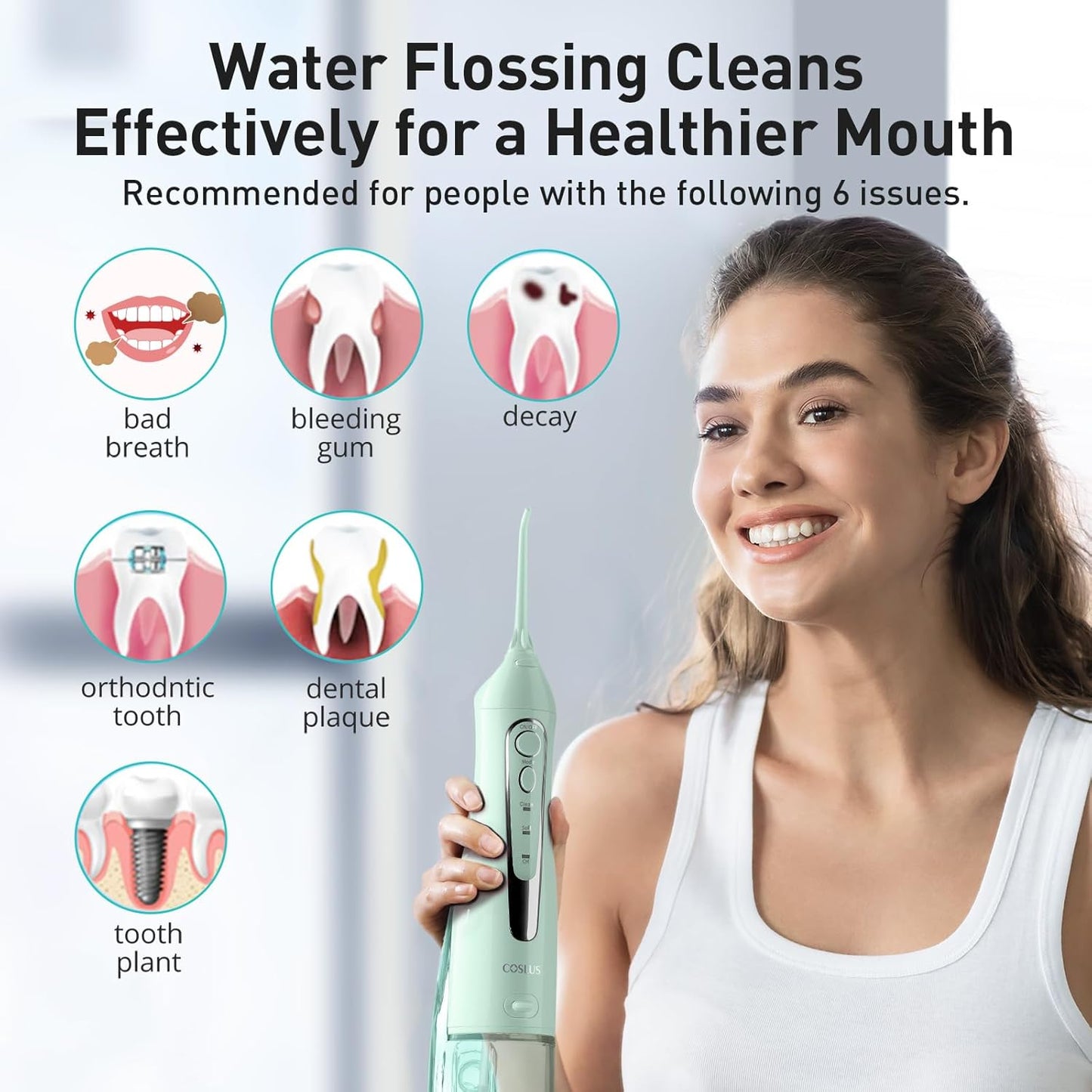 COSLUS Water Dental Flosser Teeth Pick: Portable Cordless Oral Irrigator 300ML Rechargeable Travel Irrigation Cleaner IPX7 Waterproof Electric Flossing Machine for Teeth Cleaning C20(F5020E) Green