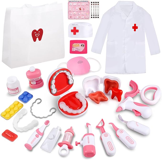 Dentist Play Set for Kids Ages 3-8, 26PCS Realistic Pretend Dental Toy Kit with Teeth Cleaning Tools, Doctor Costume & Learning Guide. STEM Educational Toys, Toddler Medical Kit for Boys & Girls Gifts