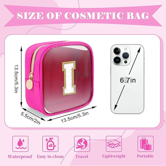 Personalized Initial Letter Clear Preppy Makeup Bag,Mini Nylon Chenille Letter Cosmetic Bag Cute Zipper Pouch Coin Purse for Teen Girls,Portable TSA Approved Travel Essentials Bag Gift for Women,I