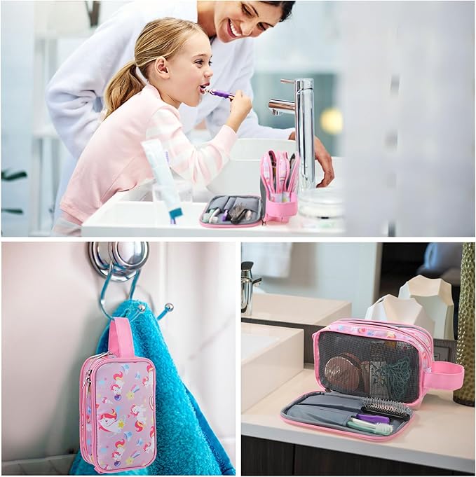 Kids Toiletry Bag for Girls, Travel Toiletry Bag for Little Young Girls Cosmetic Bag Makeup Bag Waterproof Hanging Wash Bag Toddler Toiletries, Unicorn Pink