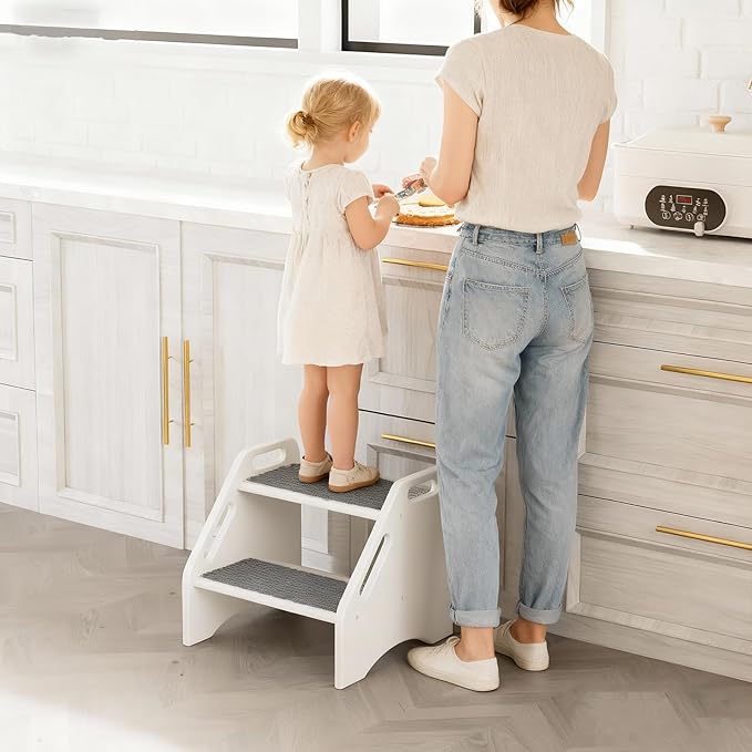 AMBIRD Wooden Step Stool with Washable and Removable Mats, Toddler Step Stools 300 lbs Capacity with Non-Slip Pads and Handles, Kid Step Stool for Kitchen, Bathroom, Bedroom (White with Gray Mats)