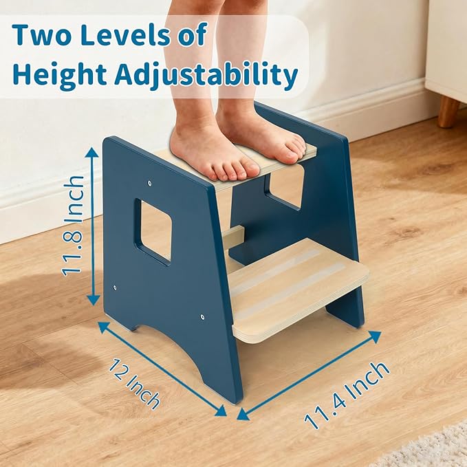 WOOD CITY Toddler Step Stool-Wooden 2 Step Stools for Bathroom Sink Potty Training Kitchen Stool Helper for Kids Bonus Non-Slip Pads and Handles for Safety Blue