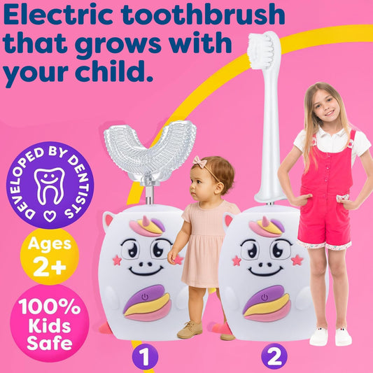 Trueocity Kids U Shape Toothbrush Auto Electric Toddler Rechargeable Kids Automatic Toothbrush | 360° U-Shaped Silicone Brush Head | Gentle Cleaning for Ages 2–7 | Unicorn Design (Pink)