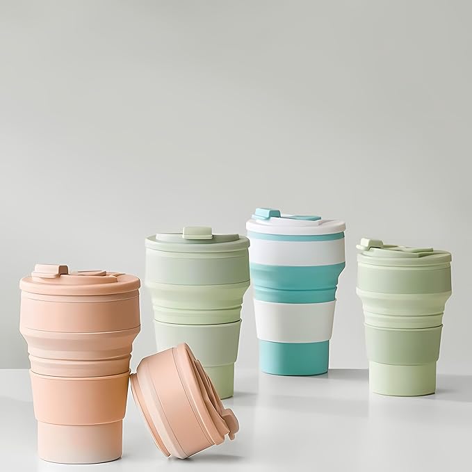 Collapsible Cup for Traveling, 12Oz Collapsible Silicone Travel Cup for Hot and Cold Drinks, Leak Proof Reusable Folding Travel Coffee Mug for Camping & Hiking, Green