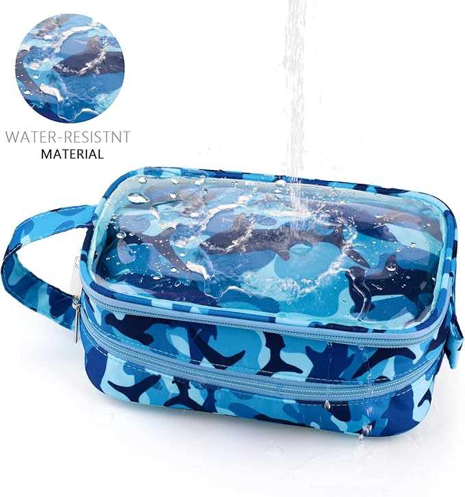 Shark Kids Toiletry Bag for Boys, Travel Clear Toiletry Bag for Little Young Boys Waterproof Hanging Wash Bag Toddler Traveling Toiletries, Blue