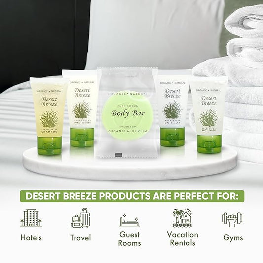 Desert Breeze Hotel Soaps & Toiletries Bulk Set | 1-Shoppe Amenities Kit | 1oz Shampoo & Conditioner, Body Wash, Lotion, Bar Soap | Travel Size | 300 Pieces
