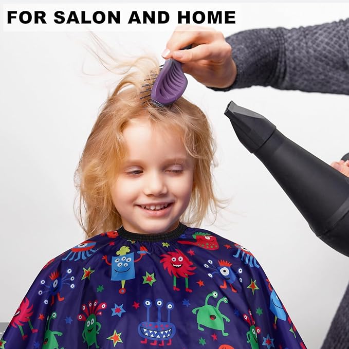 Kids Barber Cape with Neck Duster Brush, Professional Salon Hair Cutting Cape with Adjustable Snap Closure(Cartoon Monster)