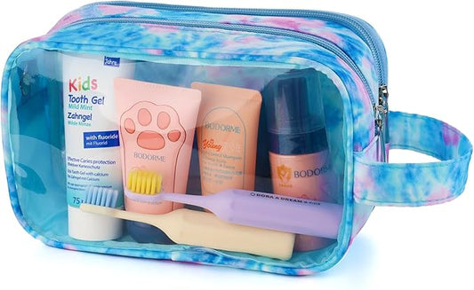 Kids Toiletry Bag for Girls, Travel Clear Toiletry Bag for Little Young Girls Cosmetic Bag Makeup Bag Waterproof Hanging Toddler Wash Bag, Blue Tie Dye