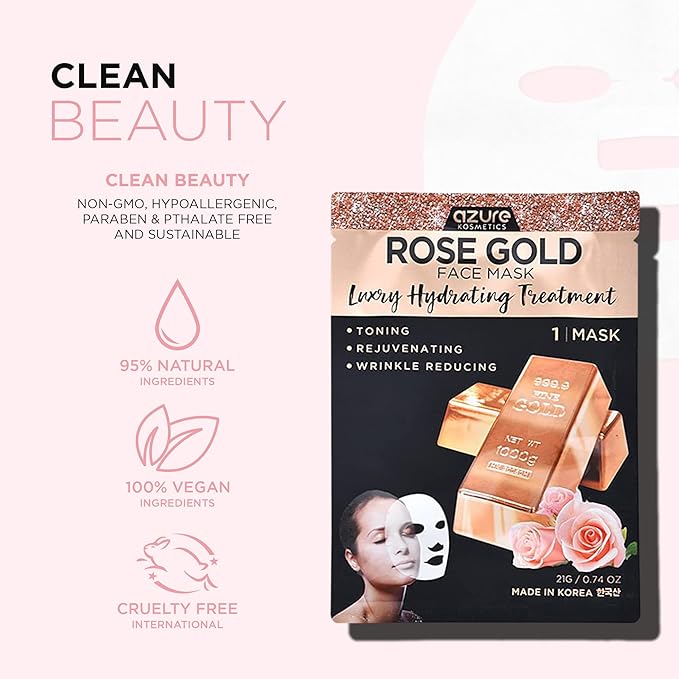 Rose Gold Korean Facial Sheet Mask By Azure – Protects Against Sun & Outdoor Pollutants | Restores Natural Elasticity | Removes Dirt and Toxins For Clear Looking Skin - 5 PK